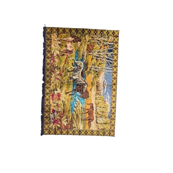 Vintage Wild Horses Wall Hanging Tapestry Rug 1970s 70x 49 Landscape - Picture 4 of 10